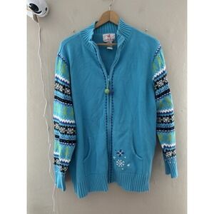 Quacker Factory Womens Zip Up Winter Sweater Size 2x Blue Snowflake Knit
